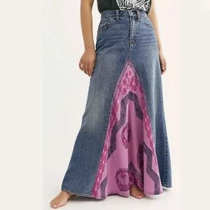 Free People Denim Blue Jean Boho Maxi Skirt 25 26